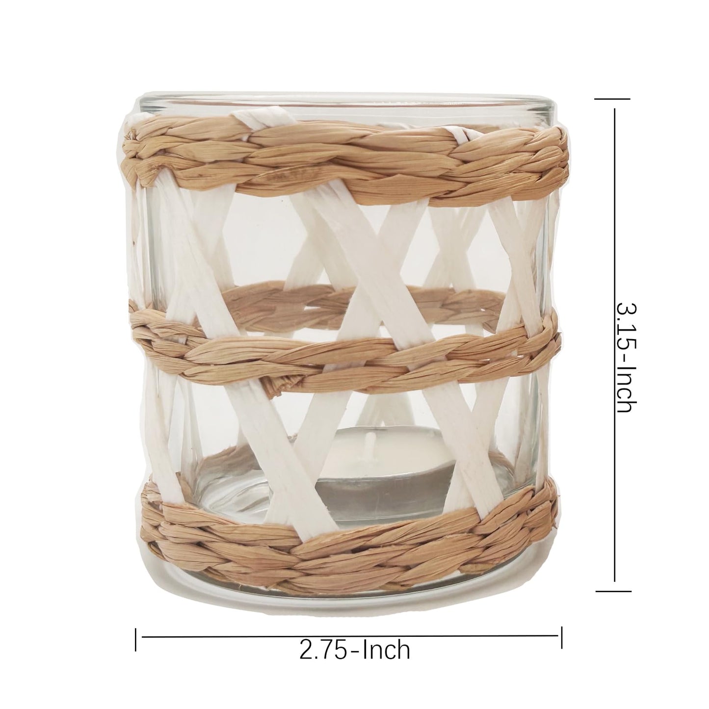 Pack 4 White Woven Rattan Tealight Candle Holders Candle Lantern - Coastal Tropical Glass Tea Light Holder Hurricane, Natural Seagrass Boho Hand Woven Votive Candle Holder