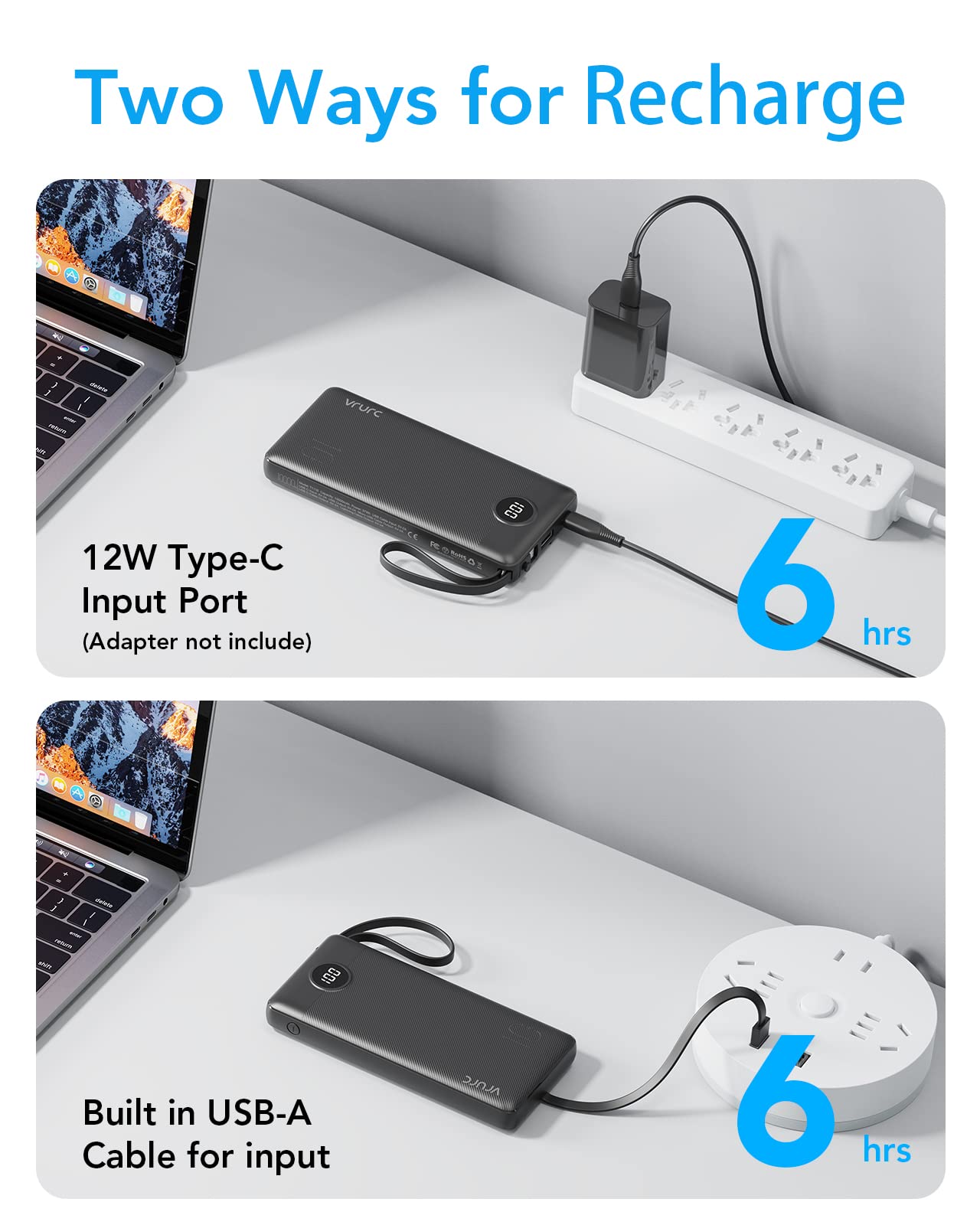 VRURC Power Bank 10000mAh With Built in Cables,USB C Battery Pack Portable Charger with 5 Outputs 2 Inputs Powerbank LED Display compatible with iPhone 16 15 14 Samsung S21 S20 Xiaomi