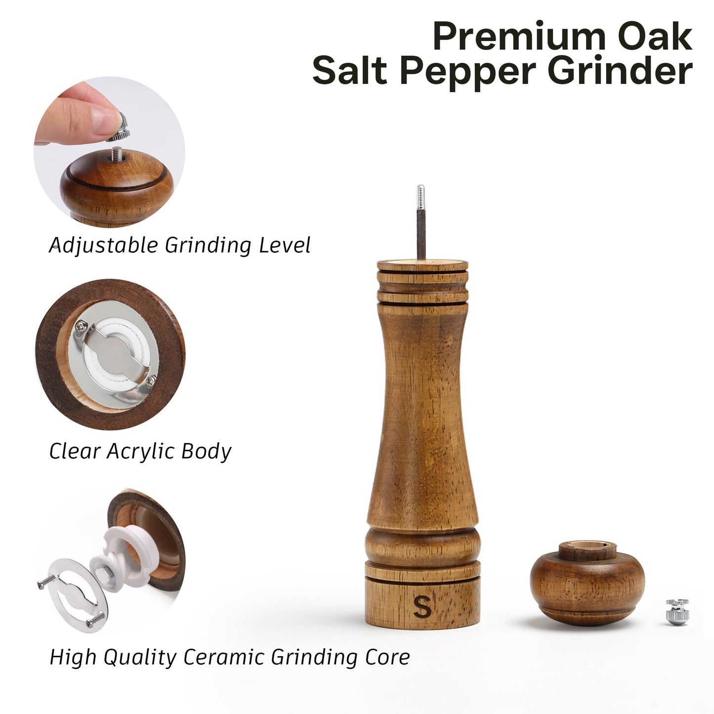Wooden Salt and Pepper Grinder Set, Premium Oak Wood Salt Grinders Shakers, Manual Pepper Mill with S and P Engraving, Adjustable Ceramic Grinder for House Warming Cooking Gifts – 8 inches, 2 Pack