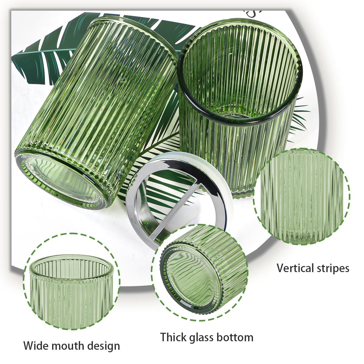 Tonxus Green Toothbrush Holders for Bathrooms, 2pcs Glass Toothbrush Holder and 12oz Bathroom Tumbler Cup Set, Silver Tooth Brush and Toothpaste Organizer for Bathroom Vanity Countertop