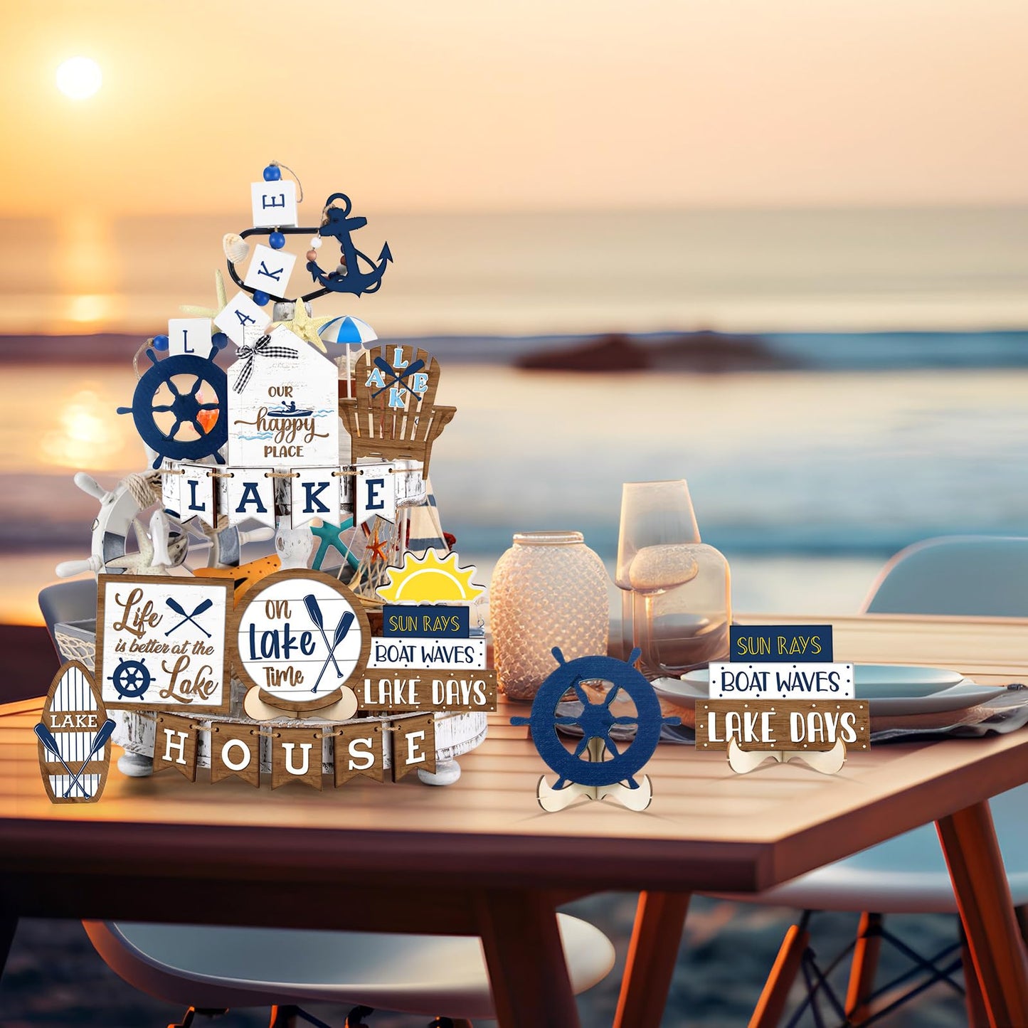 Mifoci 19 Pcs Summer Lake Tiered Tray Decor Set Farmhouse Wood Summer Ocean Boat Anchor Table Decorations Tabletop Rustic Wooden Table Signs for Home Kitchen Decoration