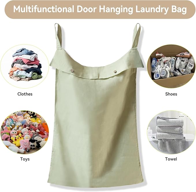 100% Linen Hanging Laundry Hamper Bag 20x27 Inch, Over the Door