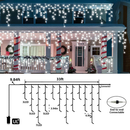 QITONG Icicle Lights for Outside, 33ft 400 LED String Lights Plug in with 8 Modes, Connectable White Icicle Christmas Light Clear Wire Indoor