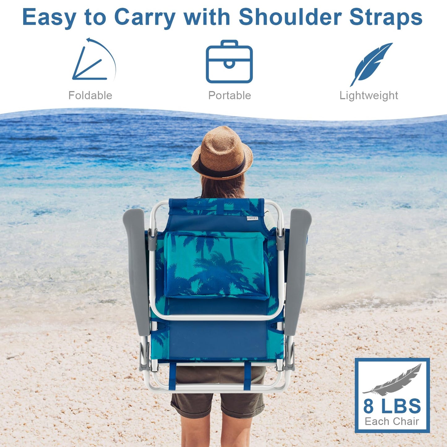 GYMAX Beach Chairs, Backpack Camping Chair with Armrest, Cooler Bag, Cup Holder, Towel Bar & Side Pockets, Sunbath Sling Tanning Lounge, Folding Layout Chair (with Table, Coconut Tree)