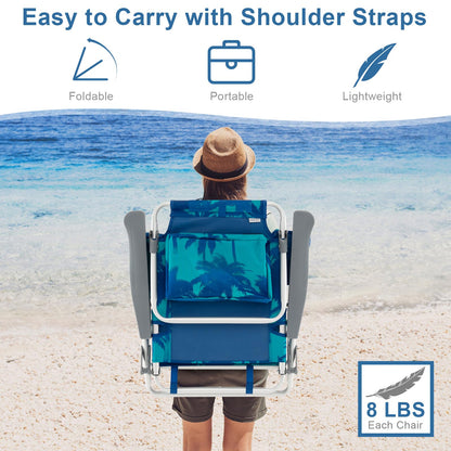 GYMAX Beach Chairs, Backpack Camping Chair with Armrest, Cooler Bag, Cup Holder, Towel Bar & Side Pockets, Sunbath Sling Tanning Lounge, Folding Layout Chair (with Table, Coconut Tree)