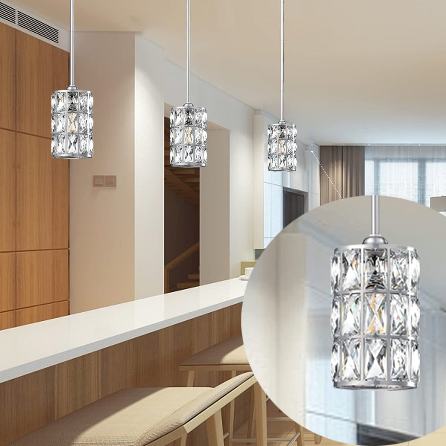 2 Pack 1 Light Hanging Kitchen Island 5" Crystal Pendant Light Modern Pendant Light Fixture Brushed Nickel Finish with Crystal Shade for Bar,Dining Room,Corridor,Living Room Over Sink