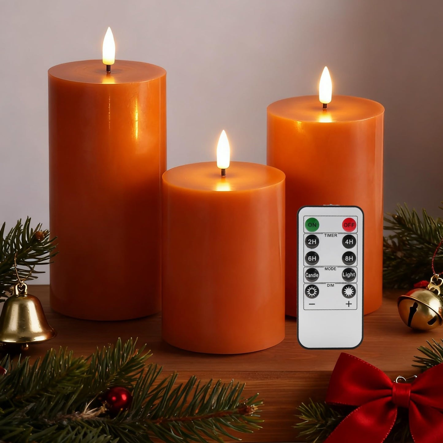 Girimax Burnt Orange Flameless Pillar Candles with Remote, Christmas LED Wax Candles Holiday Table Centerpieces Set of 3