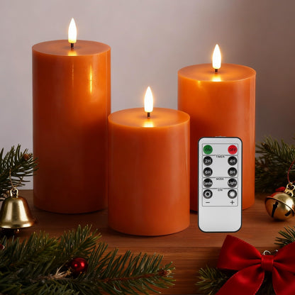 Girimax Burnt Orange Flameless Pillar Candles with Remote, Christmas LED Wax Candles Holiday Table Centerpieces Set of 3