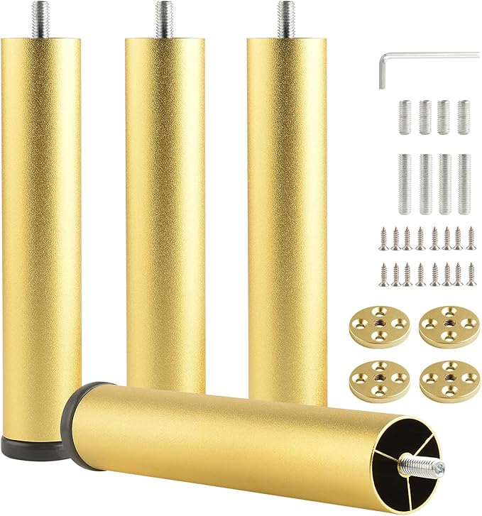 4 Pack 8 Inch Gold Furniture Legs Metal Adjustable Risers Cylinder Screw in M8