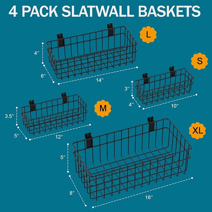 4 Pack Large Size Slatwall Baskets Set, Ventilated Metal Hanging Storage Slat