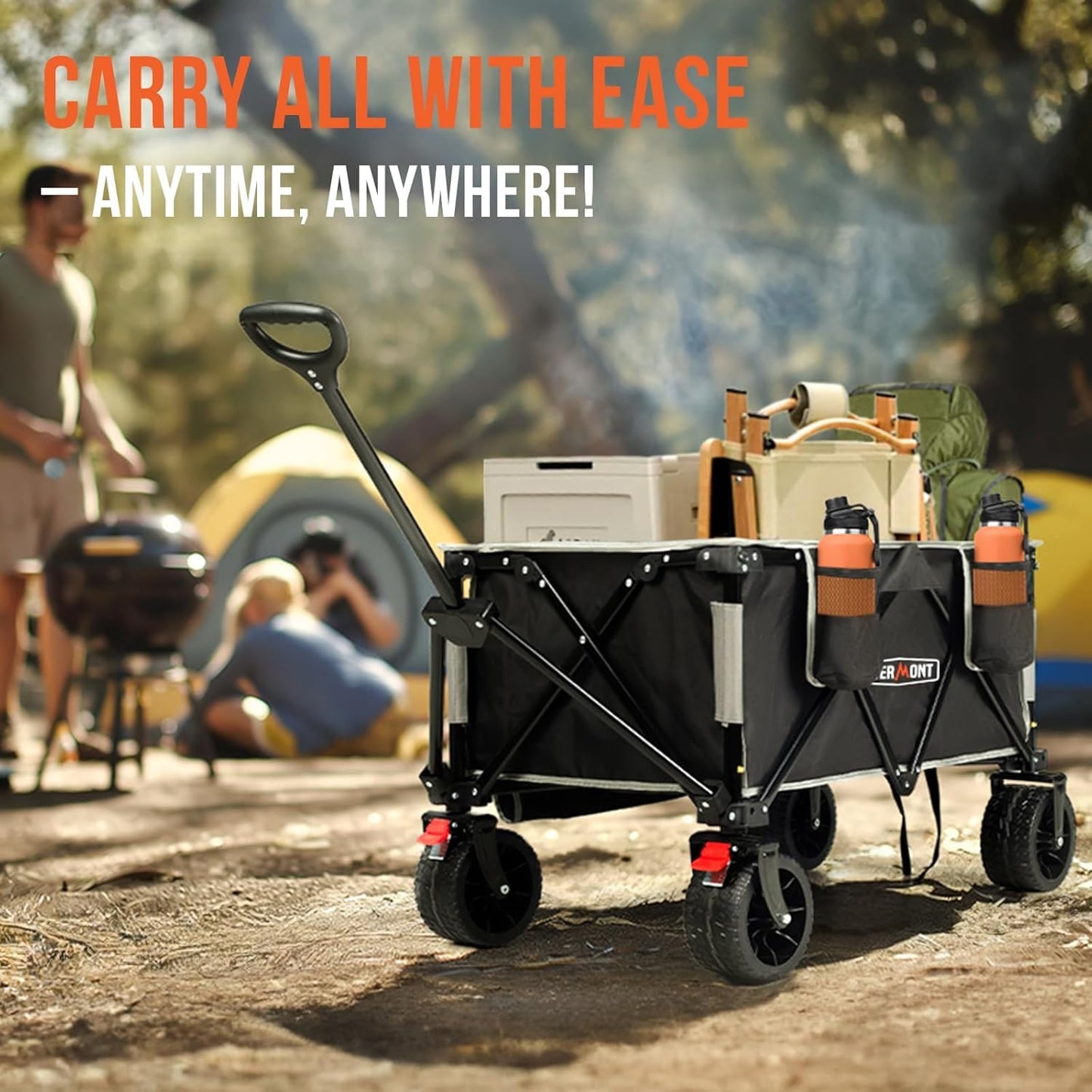 Overmont 150kg Festival Camping Trolley on Wheels - Heavy Duty Folding Wagon Cart with Extra Wide Wheels, 330lbs Capacity, Adjustable Handle, Portable for Outdoor, Garden, Shopping, Beach - Black