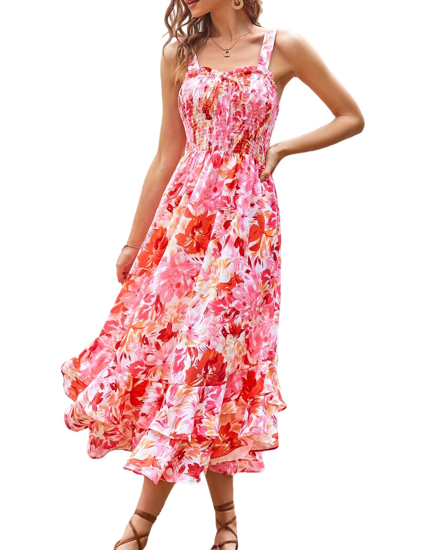 GRACE KARIN Women's 2025 Summer Floral Boho Dress Square Neck Strapped Swing A Line Sundress Beach Long Maxi Outfits