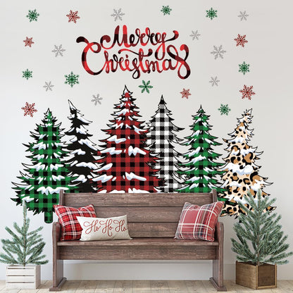 Merry Christmas Wall Decal Buffalo Checkered Christmas Tree Wall Stickers Winter Snowflake Window Clings for Xmas Holiday Festival Party Supplies