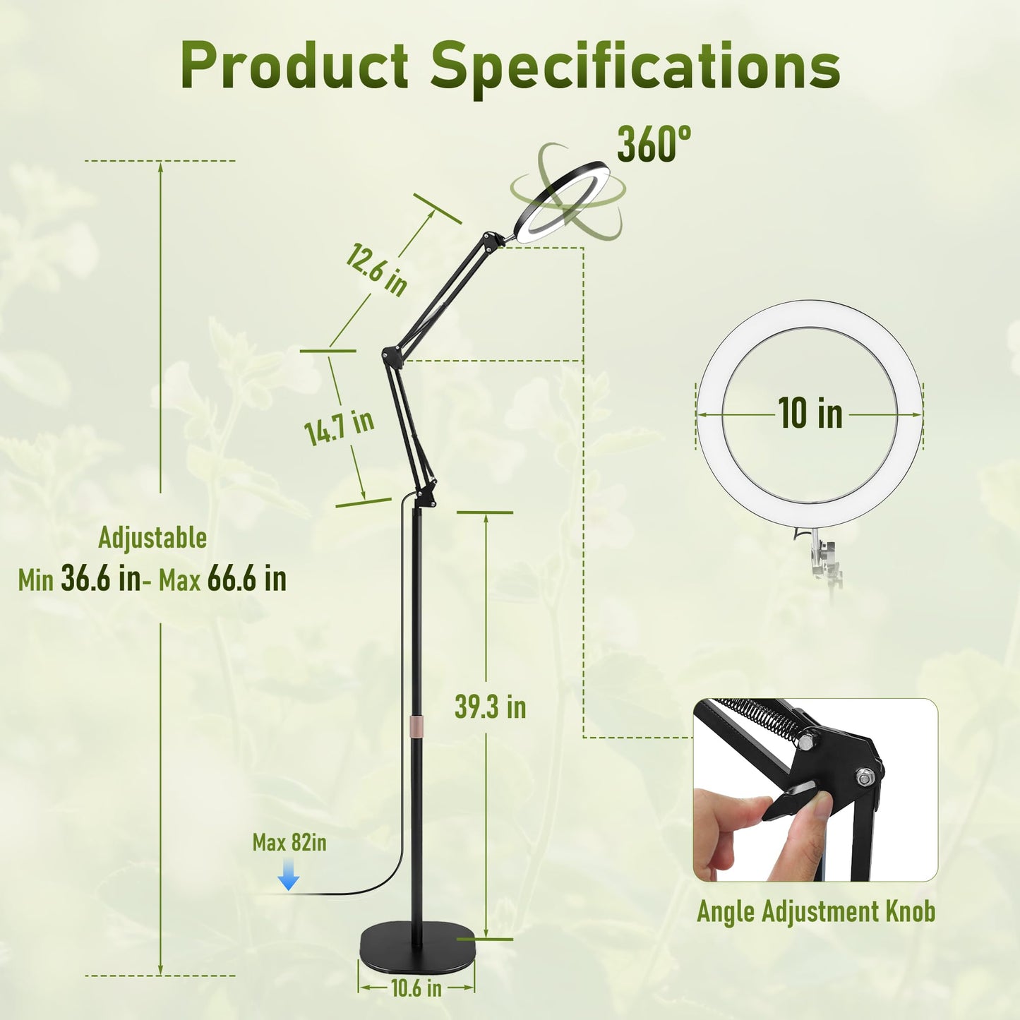 LETKEYS Floor Grow Lights for Indoor Plants, 10in Head Full Spectrum LED Plant Light with Stand, 10 Dimmable Levels & 3 Lighting Modes, Auto On Off Timer 3/9/12H, 36.6-66.6" Adjustable Height, Black