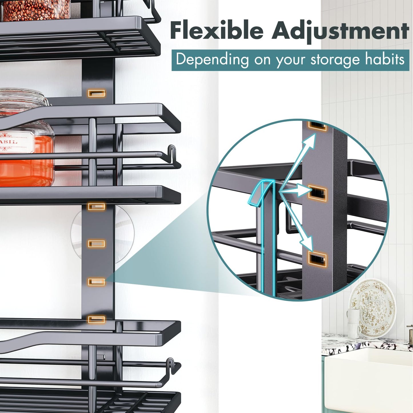 Over The Door Pantry Organizer，9-Tier Over The Door Organizer with Adjustable Basket，Metal Hanging Pantry Organizers and Storage for Kitchen, Back of Door Seasoning Rack