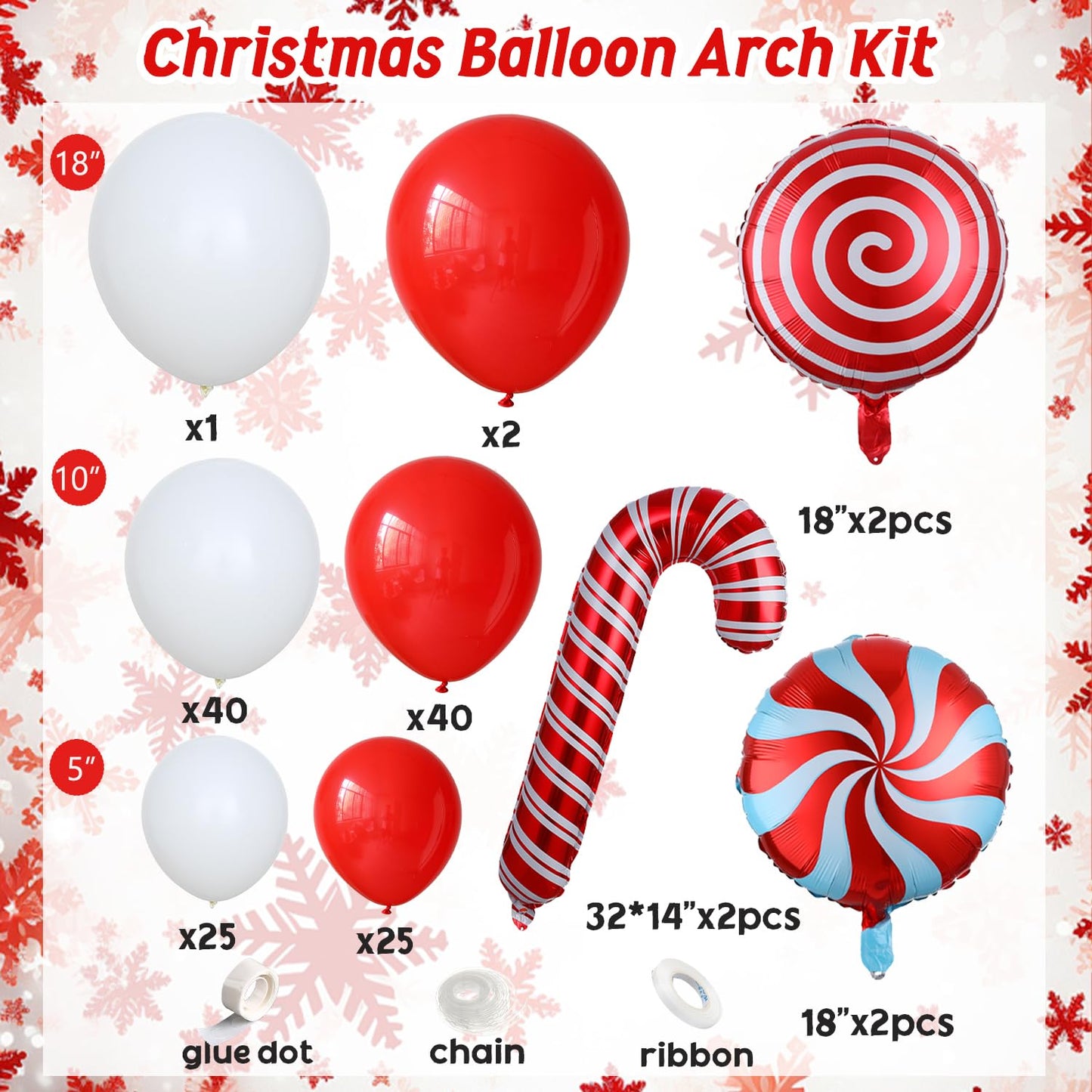 142 Pcs Christmas Balloon Garland Arch Kit with Xmas Red and white Candy Cane foil Balloons, Red White Candy Balloons for Christmas Party Decorations Birthday Supplies