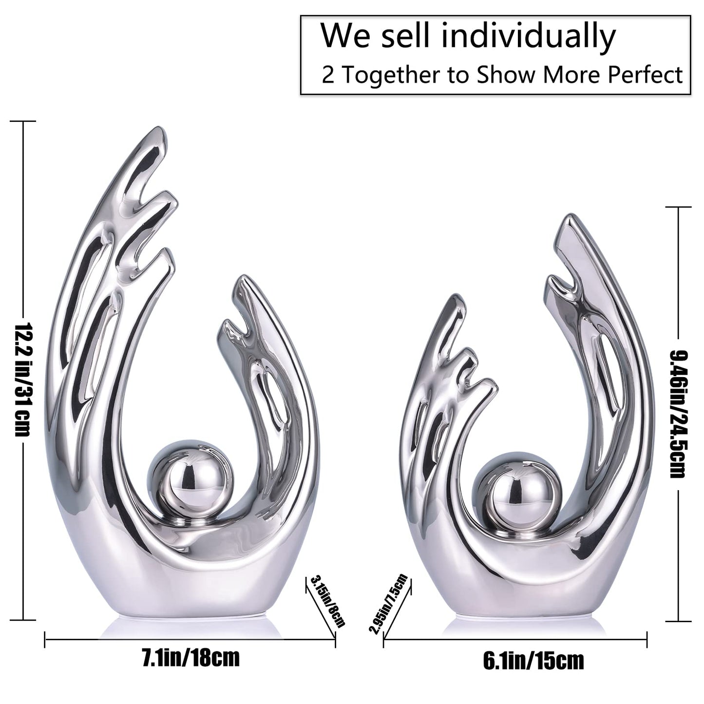 LCCCK 9.5" H Silver Aesthetic Room Decor Accent, TV Stand Funky Table Centerpiece, Abstract Art Ceramic Statue and Sculpture, Silver Decor for Living Room, Bookshelf Decorative Objects, Shelf