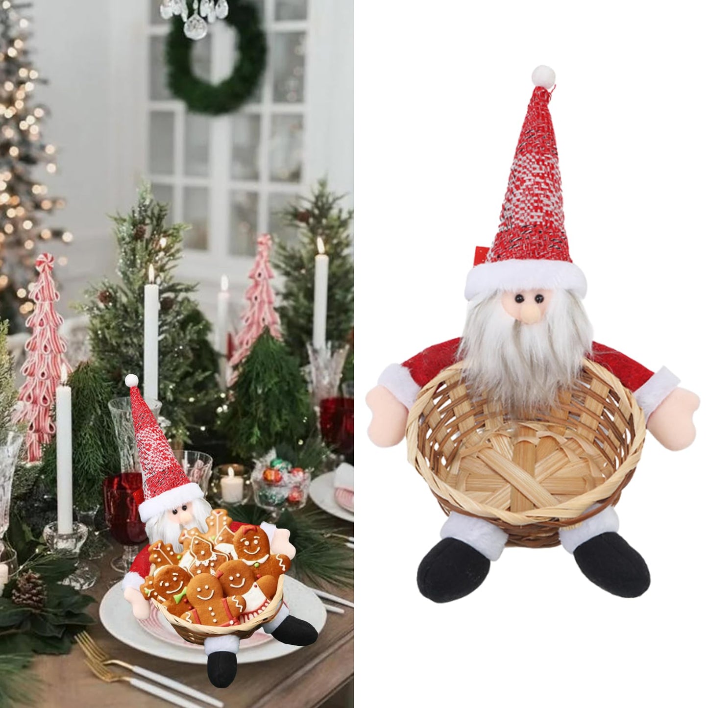 Ncozwo Christmas Candy Cookies Storage Basket Santa Claus Sweets Woven Holder Basket Xmas Snacks Bowl Candy Dish Gingerbread Chocolate Dessert Baskets for Party Winter Holiday Table Desk Decoration
