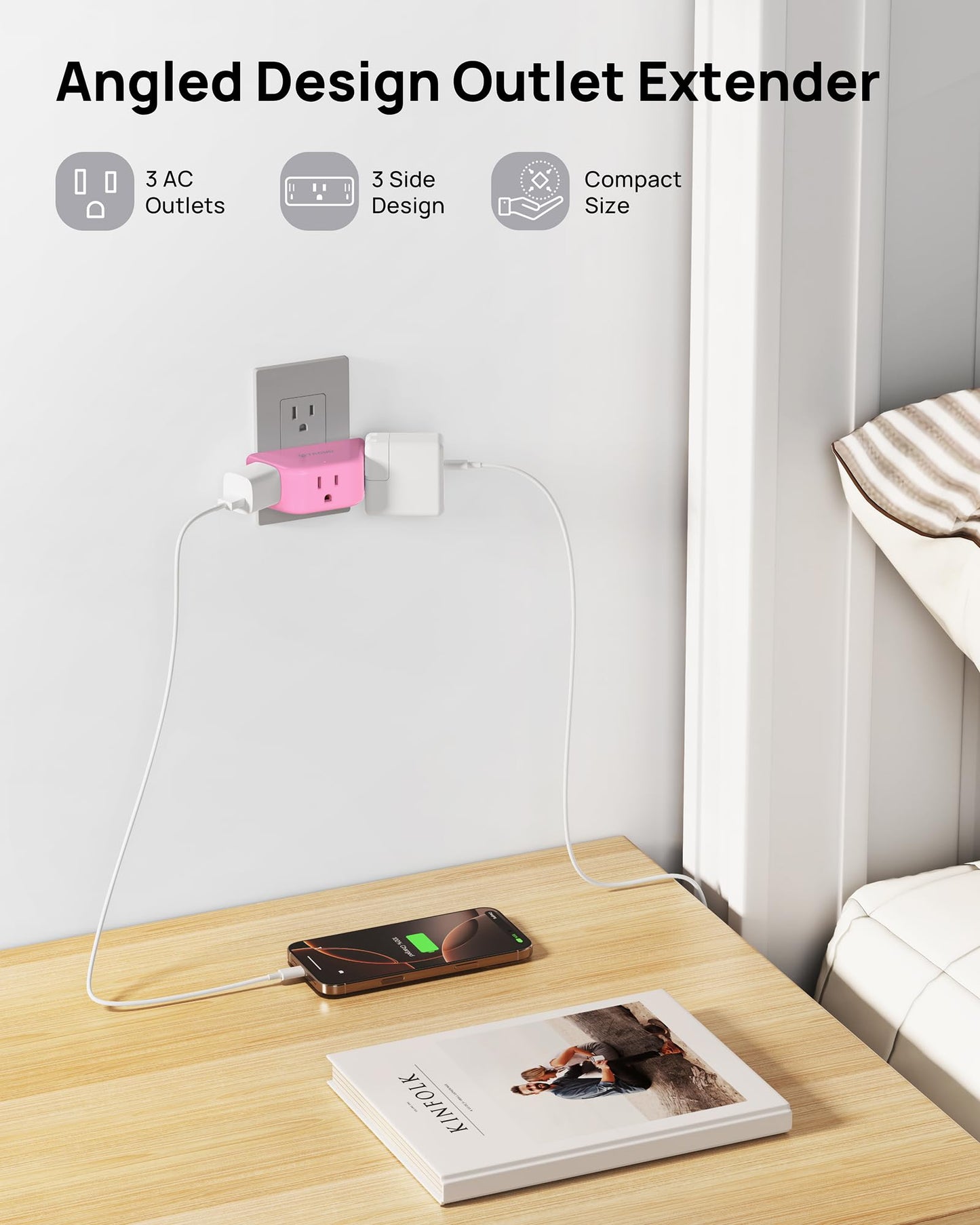 TROND Multi Plug Outlet Extender 2 Pack - Electrical Wall Splitter, 3 Way Angled Wall Outlet Adapter, Cruise Essentials, Small Multiple Plug Expander for Cruise Ship Home Office Dorm Room, White