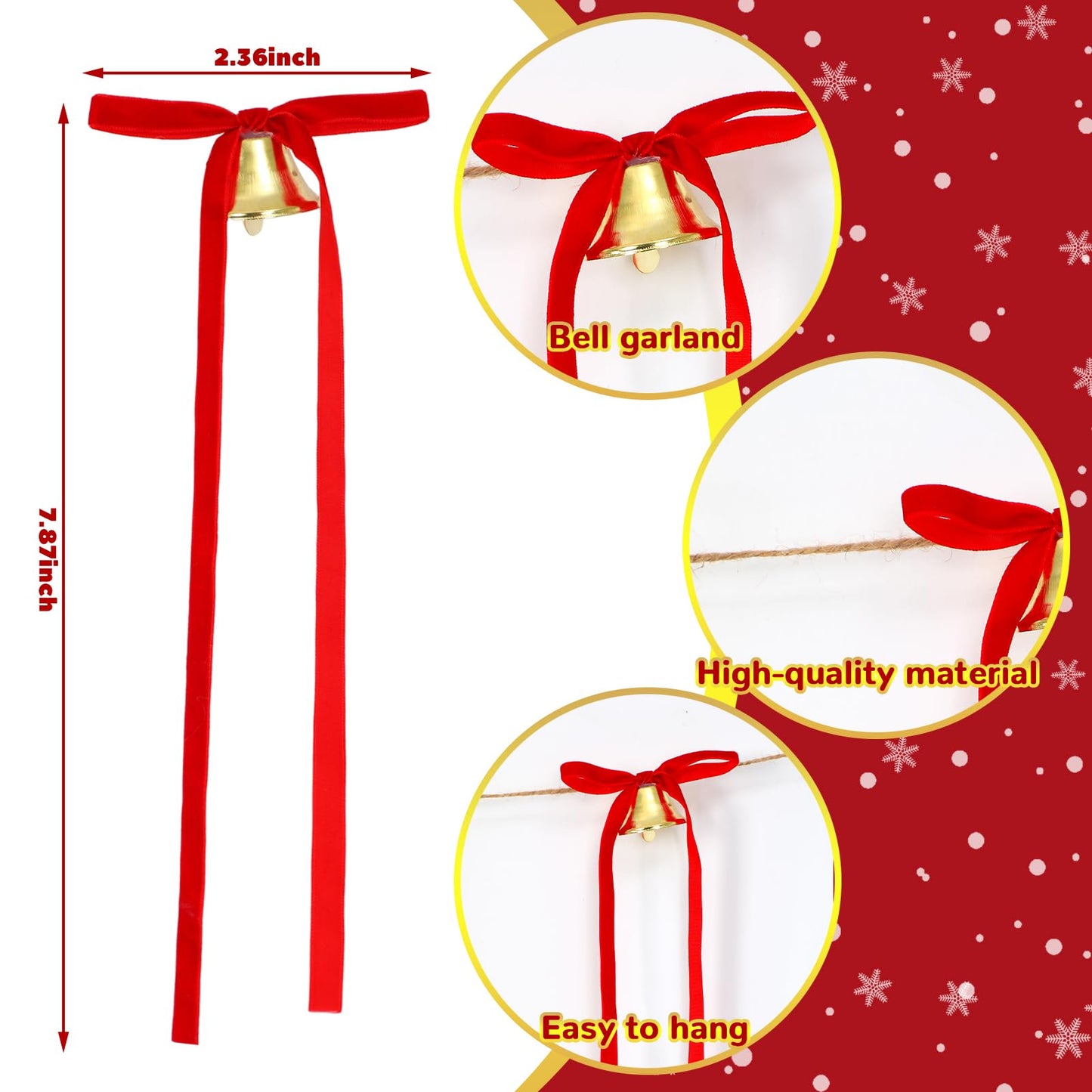 Suncalla 10 Feet Christmas Velvet Bow Garland with Jingle Bell Red Ribbon Bow Jingle Bell Banner Velvet Christmas Ornaments for Xmas Tree Fireplace Staircase Indoor Outdoor Decoration