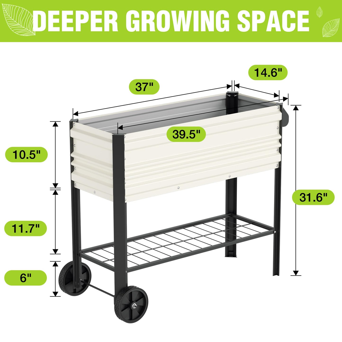 WORKPRO Galvanized Raised Garden Bed with Legs & Wheels, 37x14.6x31.6in, 400LB Capacity Elevated Planter Box for Garden, Backyard, Patio & Deck, White
