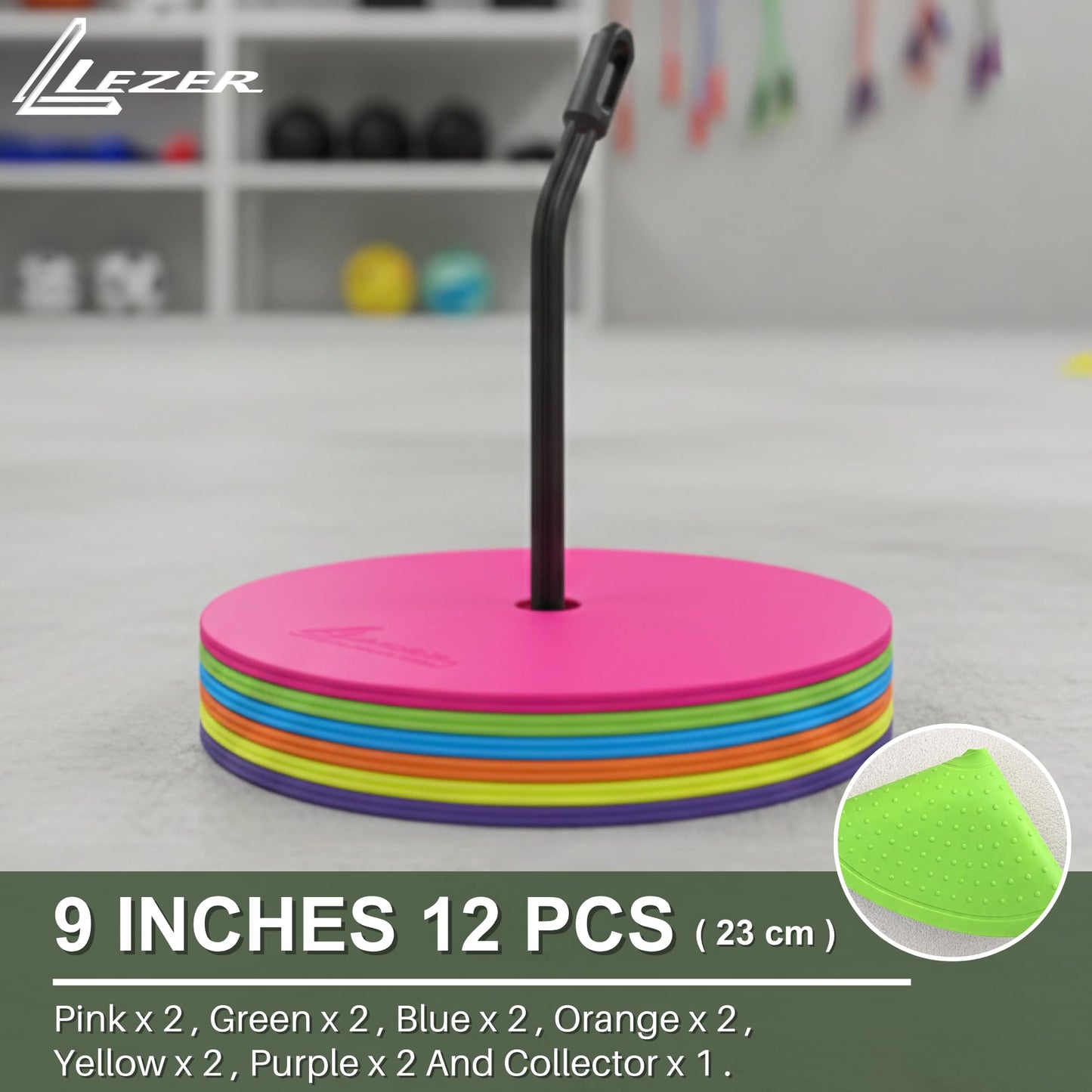 LEZER 9 Inch Flat Cones, Spot Markers, Soccer Cones, Field Court Markers, Sit Spots, Flat Discs, Soccer Training Equipment, Agility Practice, Football, Made in Taiwan, Set of 12