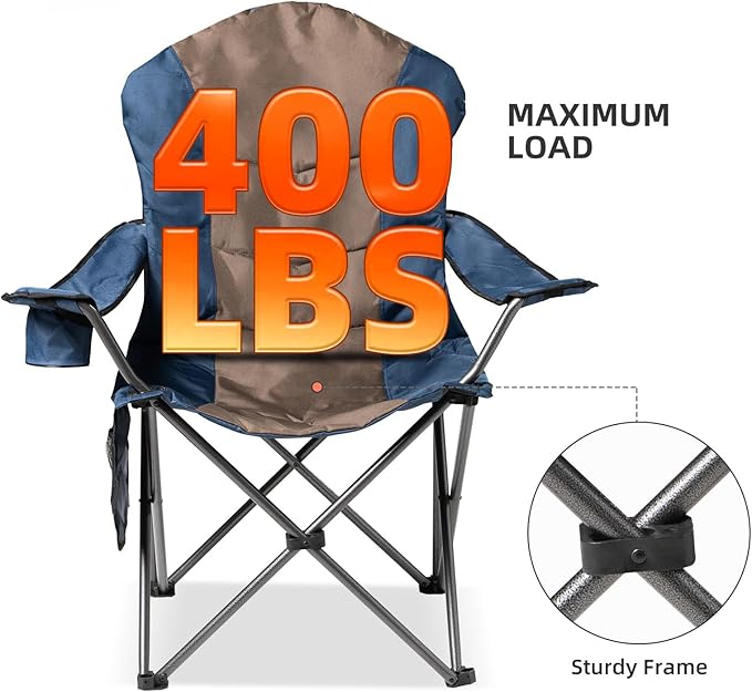 2 Pack Folding Camping Chairs for Adults - High Back Padded Outdoor Lawn Chairs with Lumbar Support & Cup Holder, 400lbs Heavy Duty Portable Camping Chairs Set (Blue & Brown, 2 PCS)