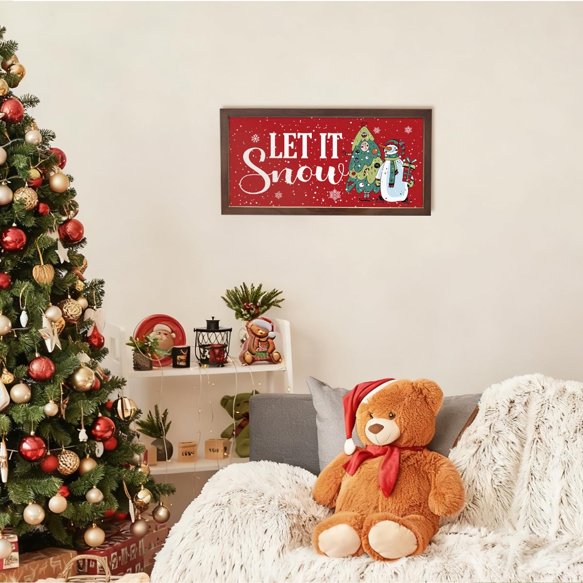 Let It Snow Sign, Snowflakes Decor, Christmas Vibe Wall Decoration, Snowman Christmas Trees Decors, Winter Home Decor, Living Room Decors, Rustic Framed Wooden Plaque 15×7.5×0.3 inches