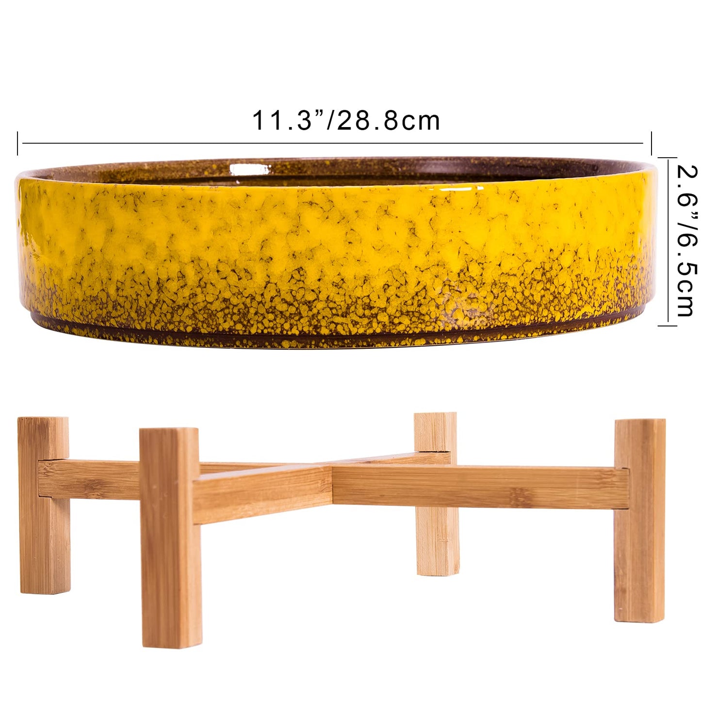 ARTKETTY Succulent Pots - 11 Inch Large Succulent Pots with Drainage Shallow Succulent Planters for Indoor/Outdoor Cactus Flower, Ceramic Bonsai Pots with Bamboo Stand (Yellow)