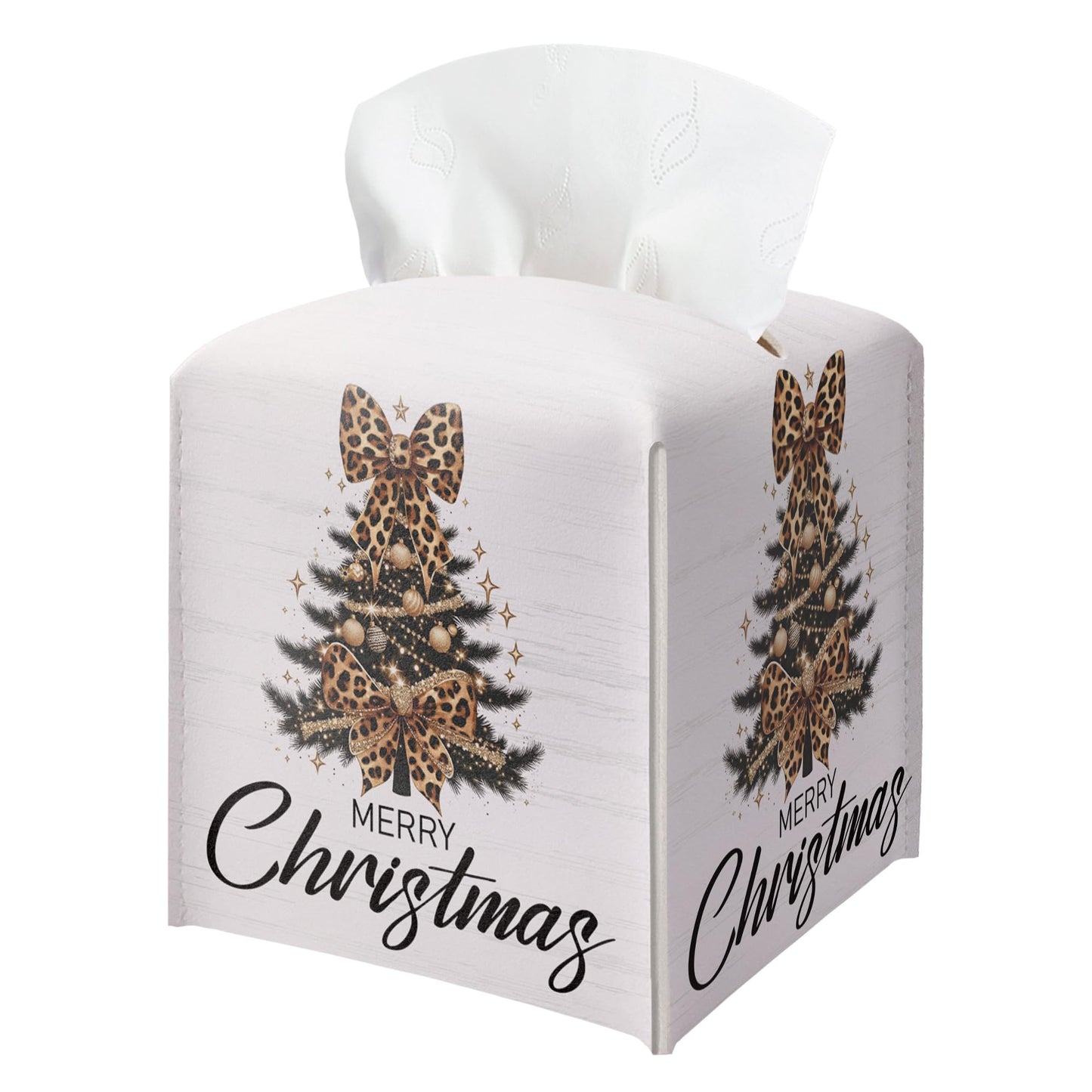 Christmas Tree Tissue Box Holder, Leopard Print Christmas Tree Leather Tissue Box Cover Square, Paper Facial Decorative Tissues Cover for Night Stands Bathroom Office Home Decor-B13