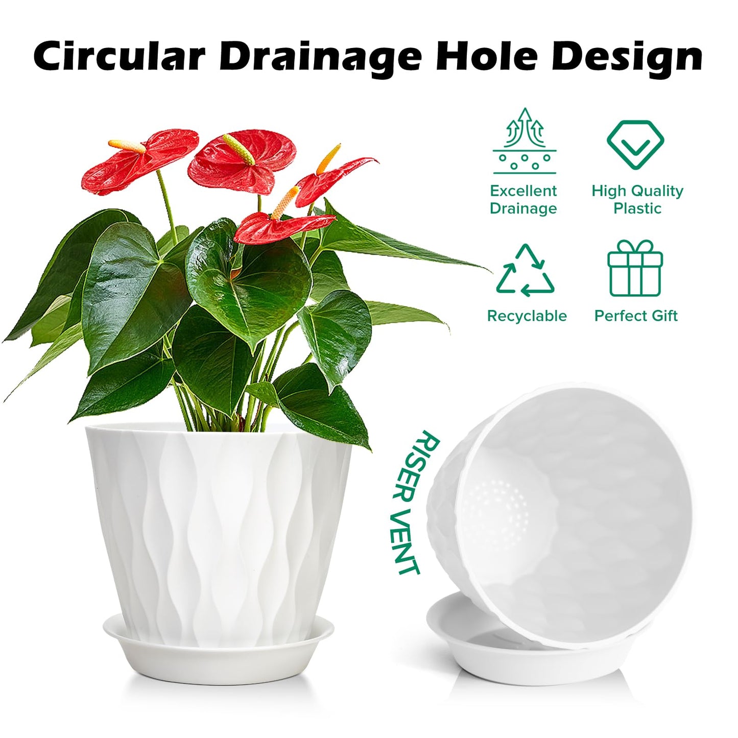 GARDIFE 7/6.5/6/5.5/5/4.5/4 inch Plant Pots, 7 Pack Flower Pots Indoor Outdoor, Planters with Drainage Holes and Tray Saucers (White)