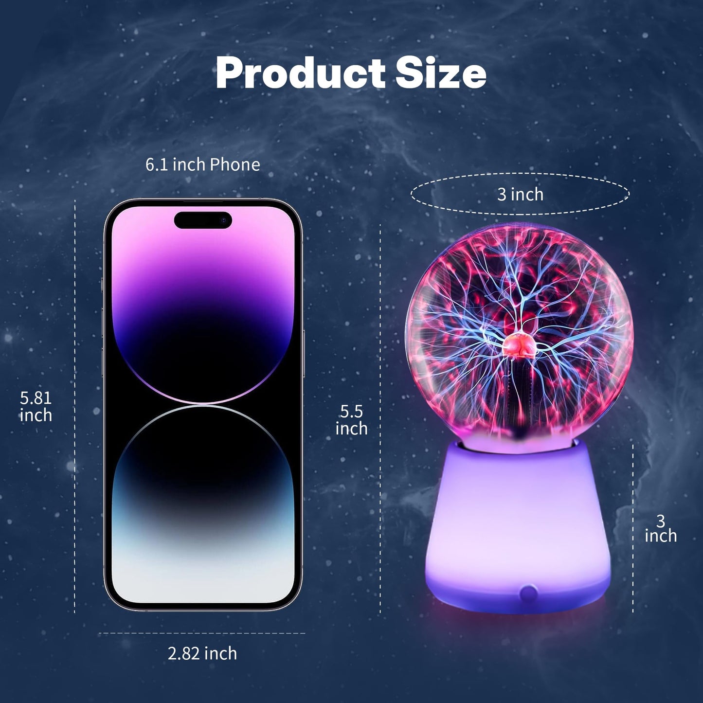 Xsnzdq Plasma Ball Lamp 3-Inch, Touch Reactive Lightning Globe, USB-C Powered Electric Plasma Ball, 7-Color LED Base Night Light, Interactive STEM Science Toy, Desk Decor Gift