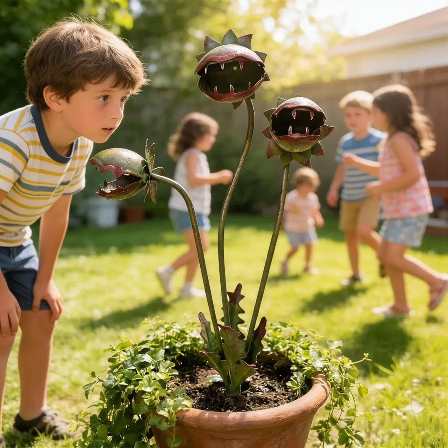 LivialyCity Whimsical Metal Carnivorous Plant Garden Stake, 25-Inch Large Venus Flytrap Monster Plant Sculpture, Durable Yard Art for Flower Beds, Patios & Planters, Unique Quirky Garden