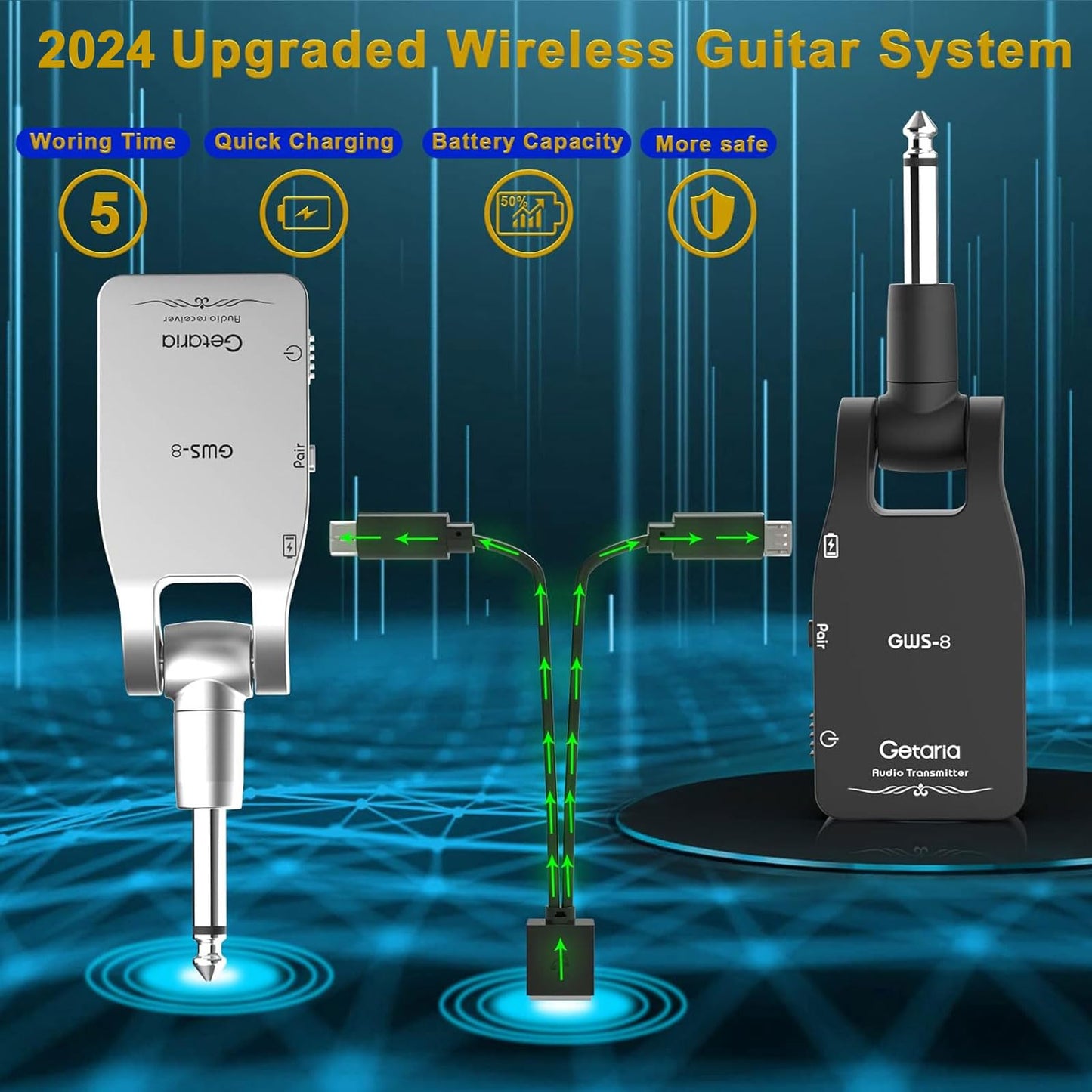 Getaria Wireless Guitar System 2.4GHz Wireless Guitar Transmitter Receiver Electric Guitar Wireless Rechargeable Lithium Battery Audio Guitar Wireless System