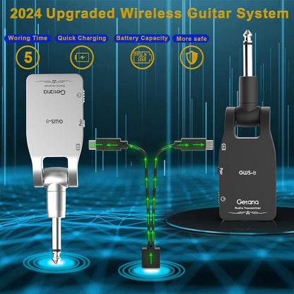 Getaria Wireless Guitar System 2.4GHz Wireless Guitar Transmitter Receiver Electric Guitar Wireless Rechargeable Lithium Battery Audio Guitar Wireless System