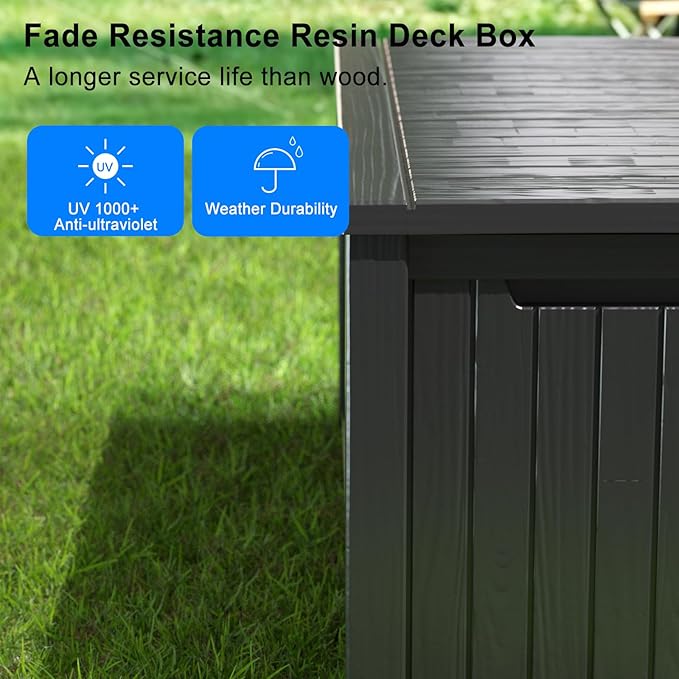 180 Gallon Resin Outdoor Deck Box Waterproof Patio Furniture, Garden Tools, Cushions, Pool Accessories Outside Storage (Black, 180 Gallon)