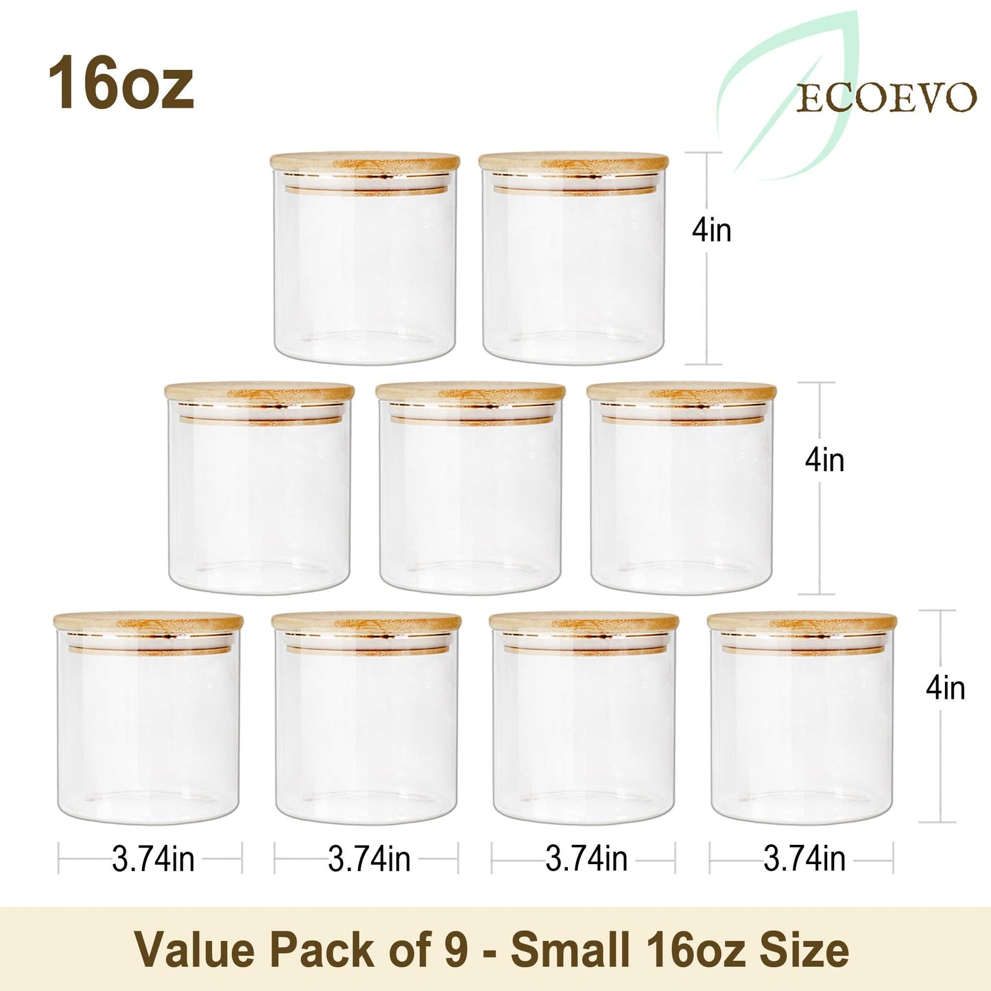 EcoEvo Glass Jars with Bamboo Lids (16oz in 9 Pack), Food Jars and Canisters Sets with lids, Food Storage Jars with Airtight Lids, Glass Pantry Jars