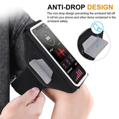 Running Armband with Earphone Bag Cell Phone Armband for iPhone 17 16 15 Pro 14 Plus 13 11 XR, Galaxy S24/S10 Water Resistant Sports Phone Holder Case & Zipper Slot Car Key Holder for 6.9 inch Phone