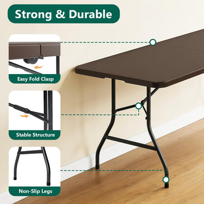 MAKE CHANGES 6FT Folding Table, Heavy Duty Plastic Fold-in-Half Utility Table with Handle, Portable Camping Picnic Table with Steel Legs for Indoor Outdoor Party, Dining, Brown,2 Pack