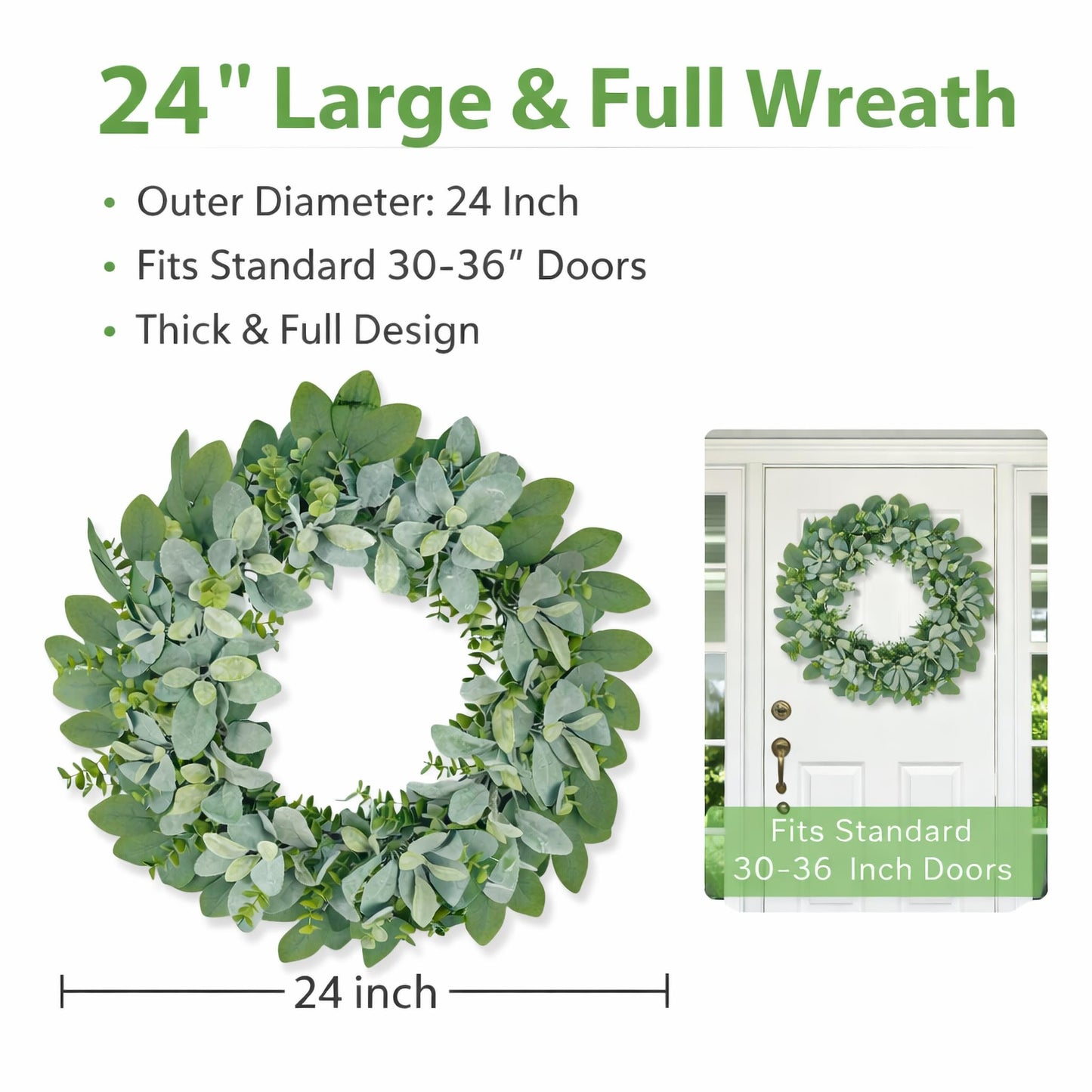 GOVIRAYE 24 Inch Flocked Lambs Ear Wreath for Front Door Outside, All Season Winter Farmhouse Door Wreath, Cozy Rustic Wall & Outdoor Decor