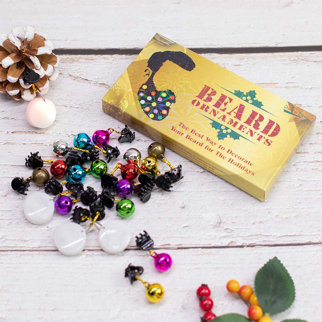 DecoTiny 20pcs Light Up Beard Ornaments, 16 Pcs Sounding Jingle Bells, 4 Pcs Lights and Bauble Ornaments - Great Christmas and New Year Festival Gift for Friends and Husband