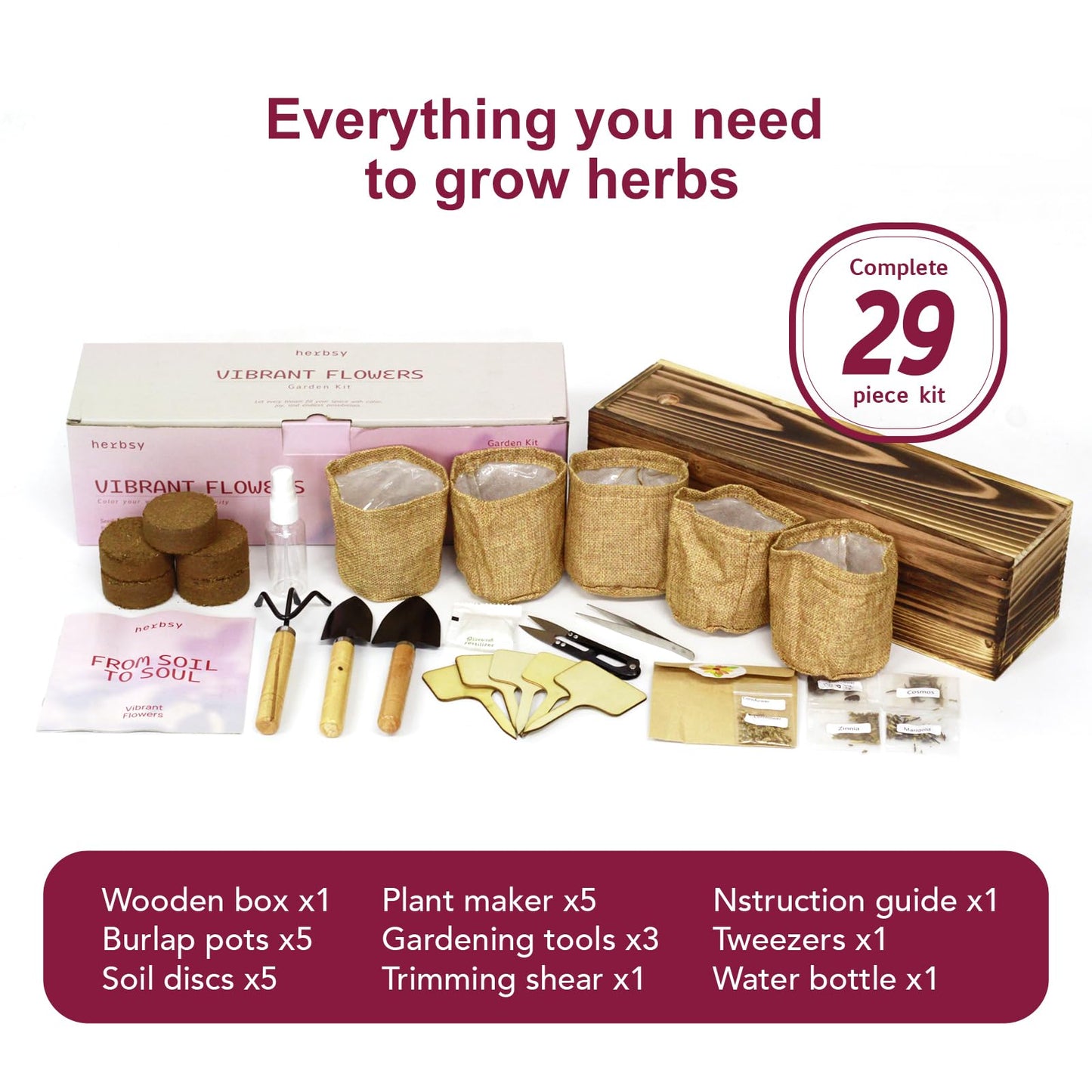 Herbsy 5 Indoor Flower Growing Kit, Complete Planting Starter Set with Sunflower, Zinnia, Marigold, Cosmos, Cornflower Seeds, Unique Birthday and Christmas Gifts for Women, Men, Plant Lovers