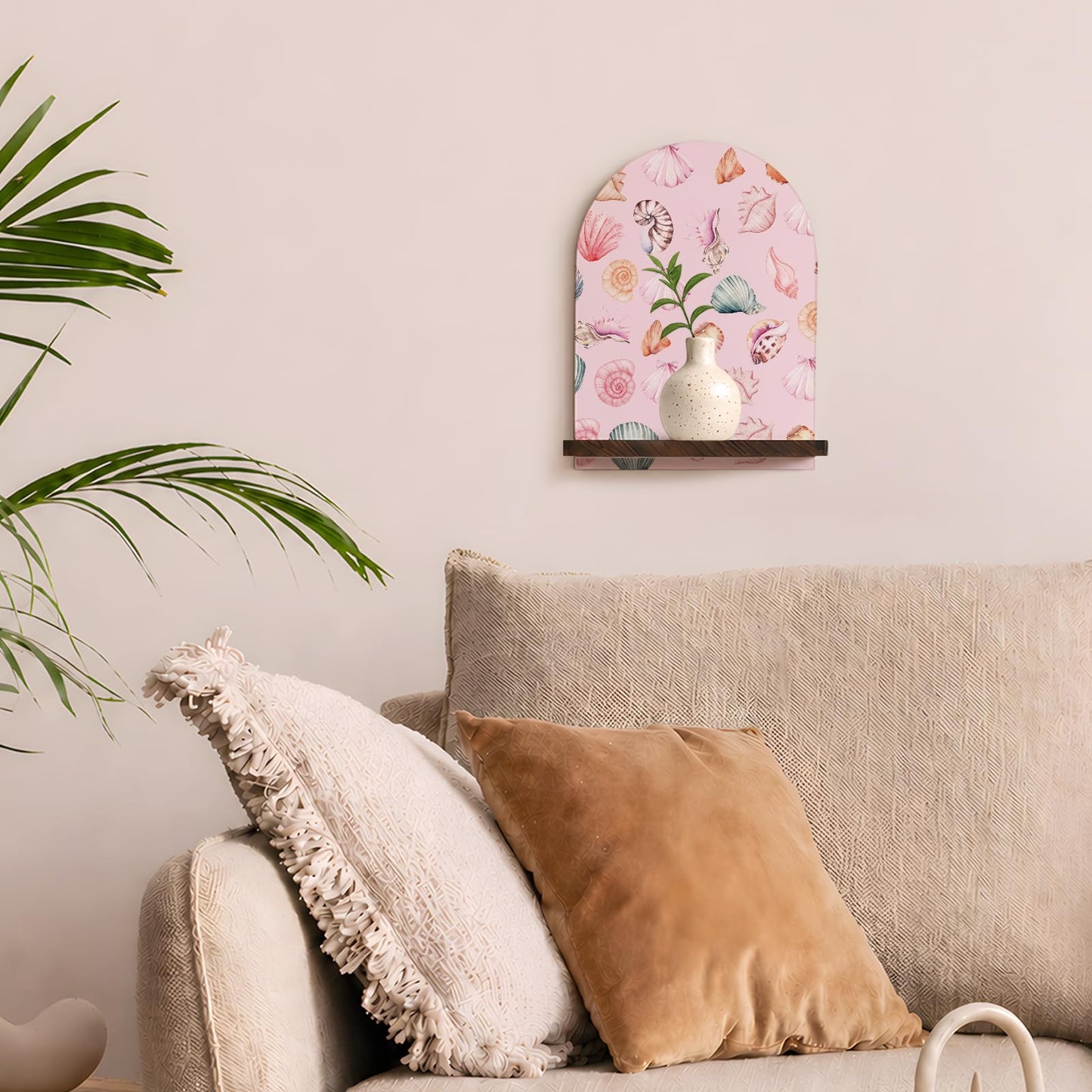 GWFSJYU Pink Berach Coastal Seashell Arched Wall Shelf Decor, Preppy Seashell Wooden Floating Shelves, Pink Coastal Sea Shell Hanging Wall Shelves Decor for Bathroom Living Room, 11.81x8.74In