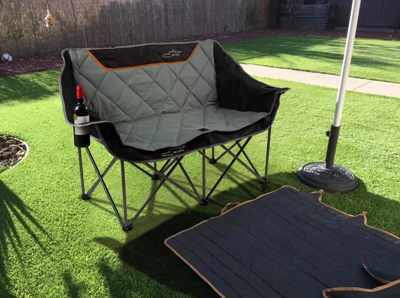 FAIR WIND Oversized Fully Padded Camping Chair Folding Loveseat Camping Couch Double Duo Chair Heavy Duty Quad Fold Arm Chair with Cup Hold - Supports 650 LBS Black