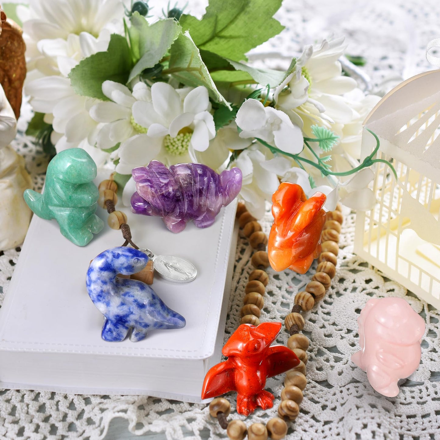 Seenelling 6 Pcs Crystal Dinosaur Figurines - Cute Stone Dinosaur Figures Statue Collection Decor for Women, Men, Desk, Garden, Home