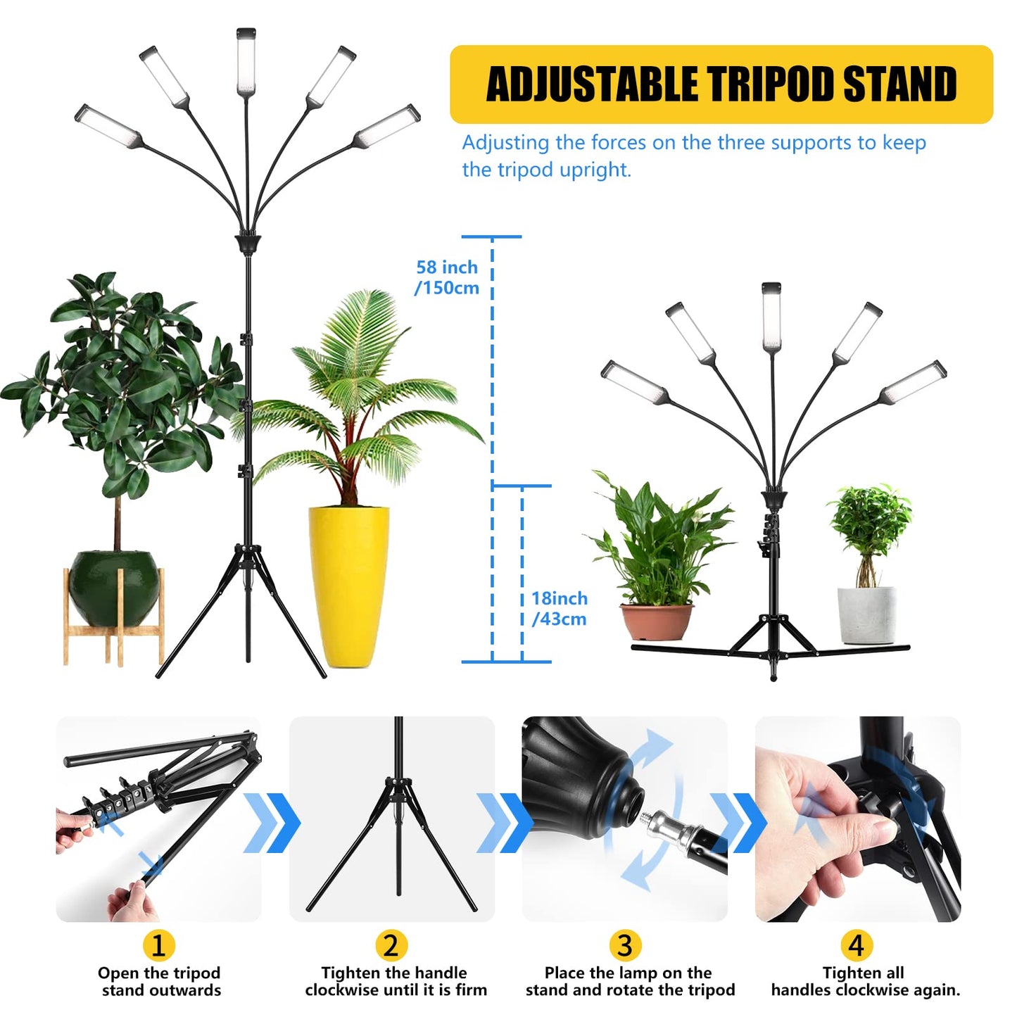 Grow Lights for Indoor Plants, Aukphie Full Spectrum led Grow Light with Stand, Auto On/Off Timing 3/6/9/12/15/18H & 10 Brightness Levels.