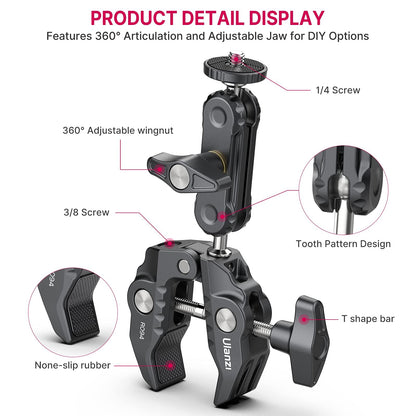 ULANZI Super Clamp Camera Clamp Mount Monitor 360° Ballhead Magic Arm Double Ball Head Adapter with 1/4"-20 & 3/8"-16 Thread for Canon Nikon DSLR Camera/Gopro/LED Lights/Ronin-M/Ronin MX/Freefly MOVI