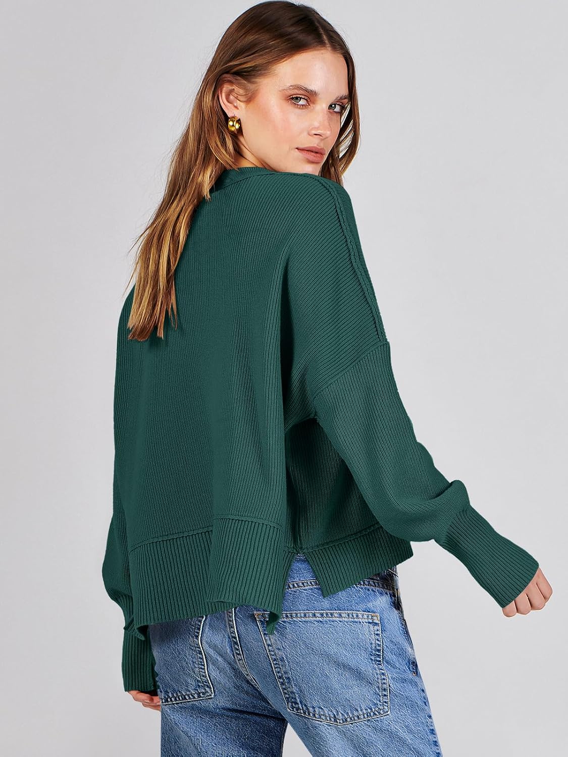 ANRABESS Womens Cropped Sweaters Oversized Crewneck Long Batwing Sleeve Side Slit Ribbed Knit Pullover Tops 2025 Fall Clothes