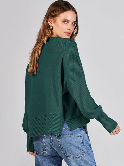 ANRABESS Womens Cropped Sweaters Oversized Crewneck Long Batwing Sleeve Side Slit Ribbed Knit Pullover Tops 2025 Fall Clothes