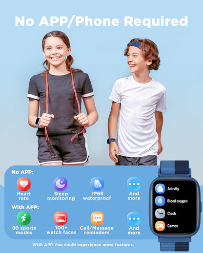 BIGGERFIVE Kids Smart Watch, 1.8" Fitness Watch Pedometer, Heart Rate, IP68 Waterproof, Sleep Tracker, Calorie Step Counter, 5 Puzzle Games with/without APP for Girls Boys Teens 5-16, Nylon